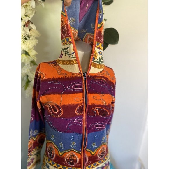 Vintage Beaded Lady Hooded Soft Shell Jacket Front Zipper Cotton 24 Karat Brand - Picture 3 of 15